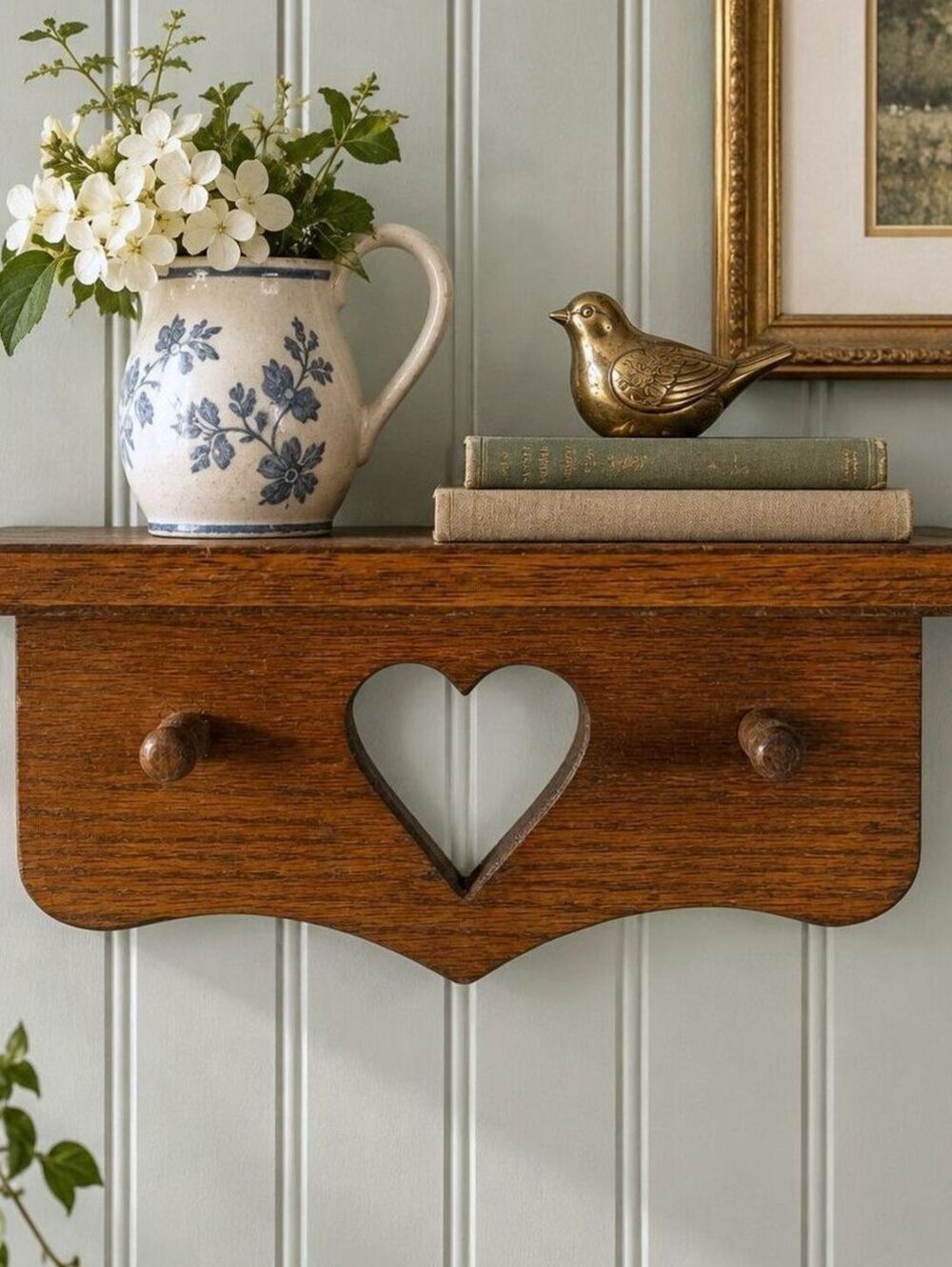 Vintage Cottage Heart Wood Wall Shelf with Pegs